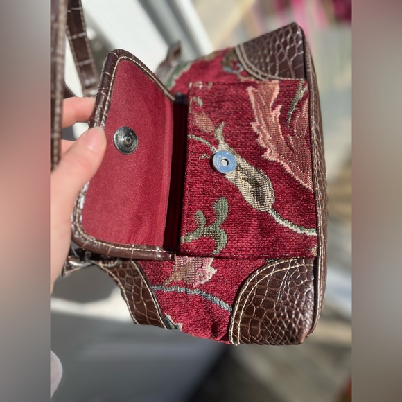 VTG Y2K Cottagecore Maroon Carpet Bag Tapestry purse w/ brown Croc faux leather - Picture 13 of 16